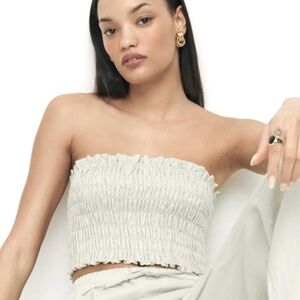 NEW Reformation Lena Linen Flax Tube Top Smocked Strapless Cropped Size L